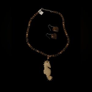 Set- Tiger's Eye Drop Earrings & Matching Necklace With Natural Carved Seahorse